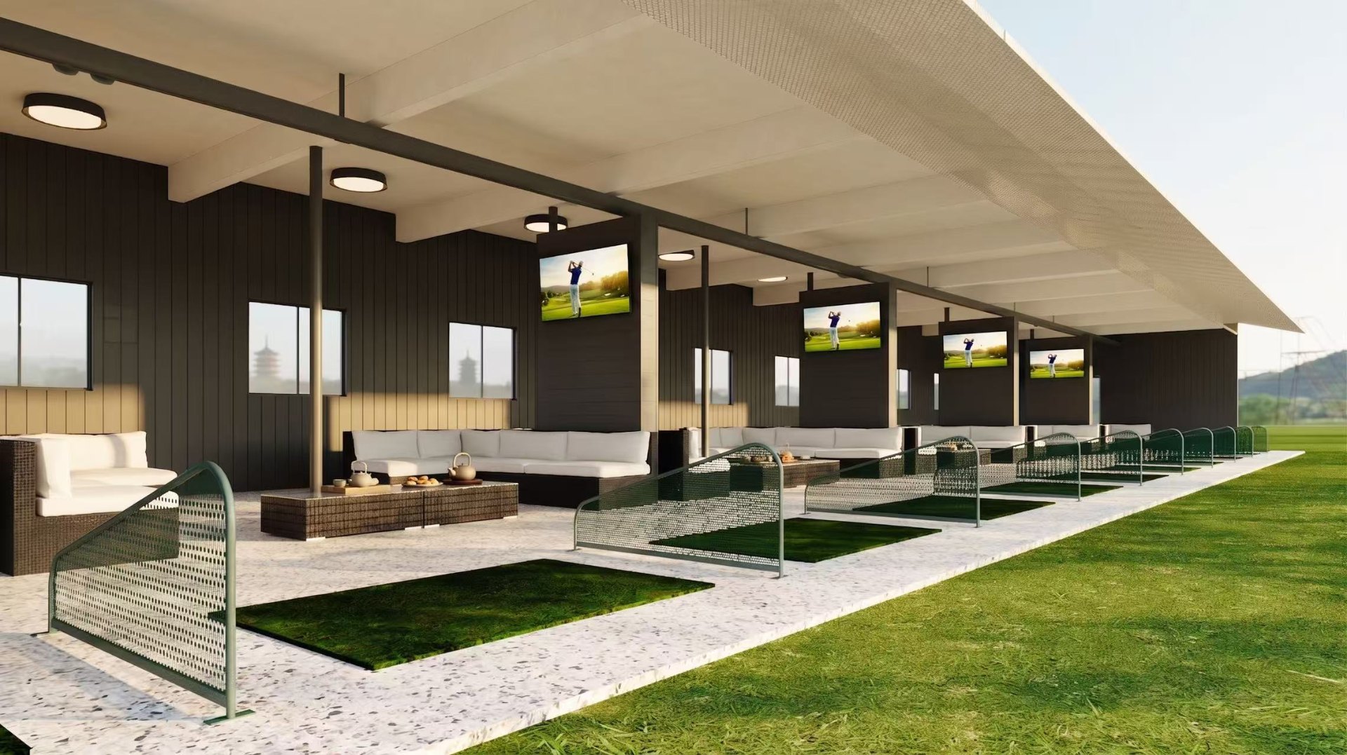 Premium heated covered lounge bays with comfortable seating and screens
